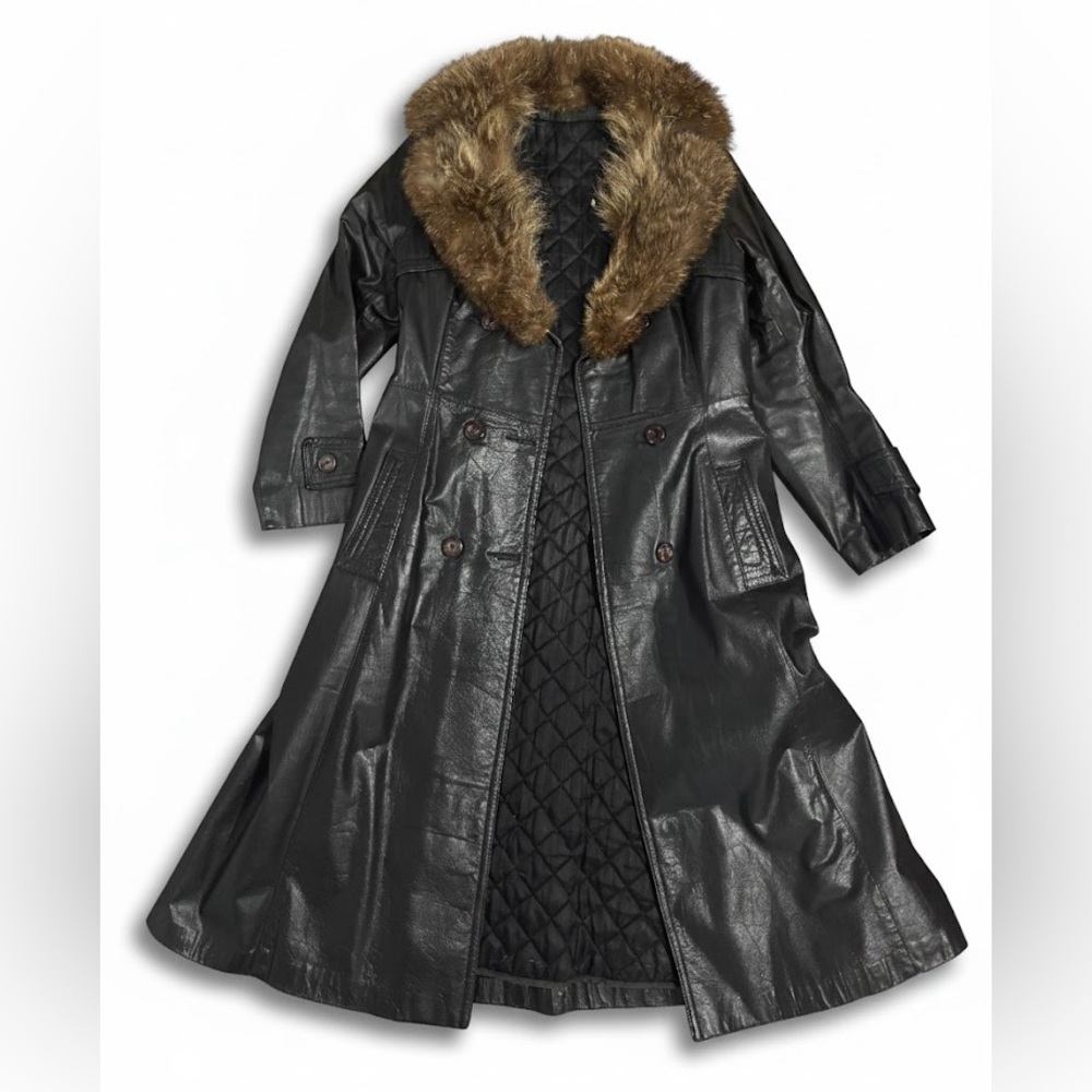 Women's Black Leather Coat with Faux Fur Collar with Insulated Lining